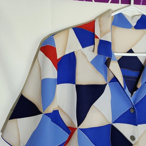 Allison Daley Blue/Red/White/Cream Lightweight Abstract Button-Up Blouse - Sz 16 - Picture 2 of 13